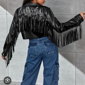 Coolane Fire Print Black Fringe Leather Jacket Large